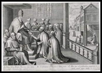 Pope Paul III (1468-1549) Receiving the Rule of the Society of Jesus, 1540 (engraving) | Obraz na stenu