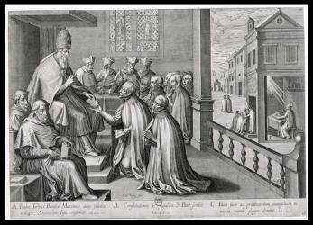 Pope Paul III (1468-1549) Receiving the Rule of the Society of Jesus, 1540 (engraving) | Obraz na stenu