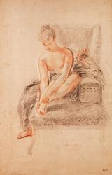 Semi-nude woman seated on a chaise longue, holding her foot (sanguine and black chalk on paper) | Obraz na stenu