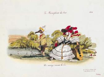 Marriage by the Book, caricature from 'Les Metamorphoses du Jour' series, engraved by G. Langlume (1822-40) (coloured engraving) (see also 177458) | Obraz na stenu