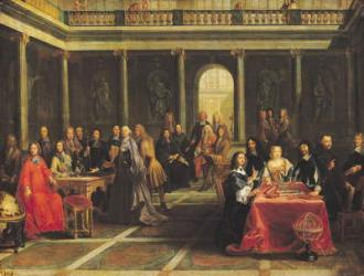 Queen Christina of Sweden (1626-89) and her Court (oil on canvas) | Obraz na stenu
