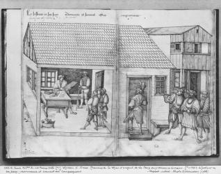 Silver mine of La Croix-aux-Mines, Lorraine, fol.1v and fol.2, the judge of the mines, edict and oath of the companions, c.1530 (pen & ink & w/c on paper) (b/w photo) | Obraz na stenu
