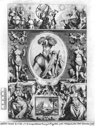 Portrait of Francisco Pizarro (1475-1541) with allegorical figures (engraving) (b/w photo) | Obraz na stenu