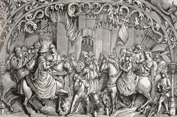 Surrender of Montefrio near Granada, Spain in 1486, from 'Military and Religious Life in the Middle Ages' by Paul Lacroix, published London c.1880 (litho) | Obraz na stenu