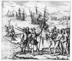 Christopher Columbus (1451-1506) receiving gifts from the cacique, Guacanagari, in Hispaniola (Haiti) from 'Americae Tertia Pars IV', 1594 (engraving) (b/w photo) (see also 111006) | Obraz na stenu