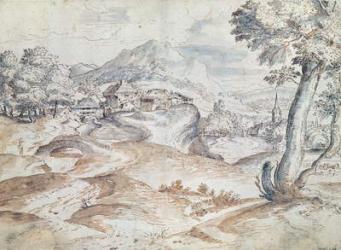 Wooded landscape with village and church (wash & ink on paper) | Obraz na stenu