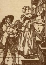 Male and female booksellers working in a 17th century bookshop (litho) | Obraz na stenu