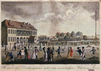 View of the newly built clubhouse and square, Berlin (hand coloured etching) | Obraz na stenu