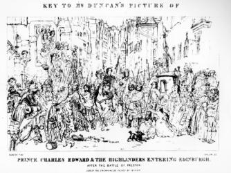 Key to Mr Duncan's Picture of Prince Charles Edward (1720-88) and the Highlanders Entering Edinburgh after the Battle of Preston, 21st September 1745, engraved by Bacon (engraving) (b/w photo) (see 105437) | Obraz na stenu