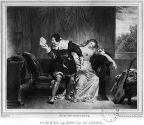 Scene of the cousin's letter, illustration from 'The Barber of Seville' by Pierre Augustin Caron de Beaumarchais (1732-99) engraved by Alfred Leon Lemercier (19th century) (litho) (b/w photo) | Obraz na stenu