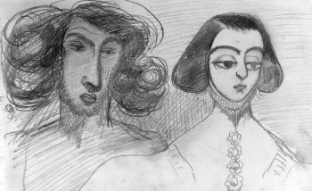 Self Portrait with George Sand (1804-76) (pencil on paper) (b/w photo) | Obraz na stenu