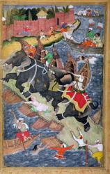 Akbar tames the Savage Elephant, Hawa'i, outside the Red Fort at Agra, miniature from the 'Akbarnama' of Abul Fazl, c.1590 (gouache on paper) (left hand side of double page miniature, see 4042) (gouache on paper) | Obraz na stenu