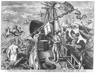 Christopher Columbus (1451-1506) on board his caravel, discovering America (engraving) (b/w photo) | Obraz na stenu