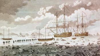 The 'Racehorse' and the 'Carcass', under the command of Constantine John Phipps, Lord Mulgrave (1744-92), stuck in ice at Spitzbergen on their voyage to find a northern route to India, engraved by Eastgate, 1773 (engraving) | Obraz na stenu