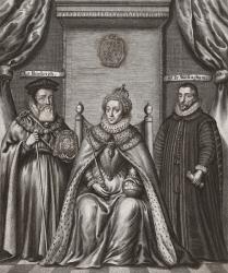 From left to right: William Cecil, 1st Baron Burghley, 1520-1598. Statesman, advisor to Queen Elizabeth I. Queen Elizabeth I, 1568-1603. Monarch of England and Ireland. Sir Francis Walsingham, 1532-1590. Principal secretary to Queen Elizabeth I. From a 17 | Obraz na stenu