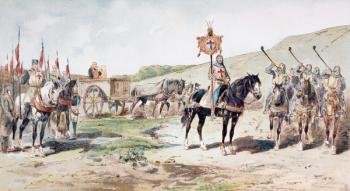 Crusaders on the march in the 11th century with a horse-drawn supply wagon, 1886 (colour litho) | Obraz na stenu