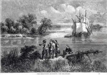 The Moravians Ascending the Delaware, from 'The Romance and Tragedy of Pioneer Life', by Augustus L. Mason, 1883 (engraving) (b&w photo) | Obraz na stenu