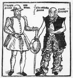 Nicholas Jennings in the guise both of a cripple and a gang leader, from 'Groundworke of Conycatching' 17th century (woodcut) (b&w photo) | Obraz na stenu