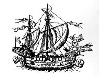 Ferdinand Magellan's boat 'Victoria', the first to circumnavigate the world (engraving) (b/w photo) | Obraz na stenu