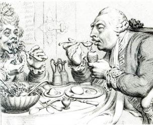 Temperance Enjoying a Frugal Meal, caricature of George III and Queen Charlotte (b/w print) | Obraz na stenu