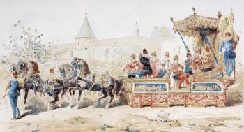 Horse Drawn Decorated Wagon carrying Professional Musicians, 16th Century, 1886 (colour litho) | Obraz na stenu