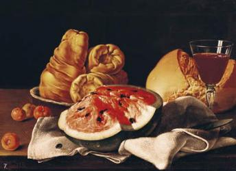 Glass of Wine, Watermelon and Bread (oil on canvas) | Obraz na stenu