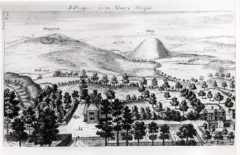 View from Avebury steeple of Silbury Hill, illustration from 'Stonehenge: a Temple Restored to the British Druids' by William Stukeley, 1740 (engraving) (b/w photo) | Obraz na stenu