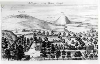 View from Avebury steeple of Silbury Hill, illustration from 'Stonehenge: a Temple Restored to the British Druids' by William Stukeley, 1740 (engraving) (b/w photo) | Obraz na stenu