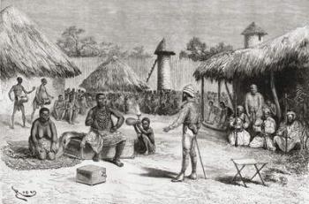 Reception for explorer Pietro Paolo Savorgnan di Brazza in Chief Ketimkuru's house, Uemba, Central Africa, from 'Africa Pintoresca', published 1888 (engraving) | Obraz na stenu