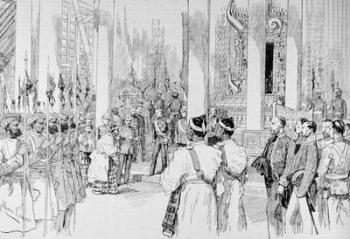 Lord Dufferin Holding Levee in the Grand Throne Room of the Palace at Mandalay, from 'The Illustrated London News', 4th March 1886 (engraving) | Obraz na stenu