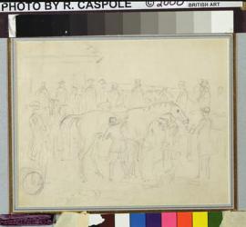 Rubbing down a horse in a paddock at a racetrack (pencil & w/c on paper) | Obraz na stenu