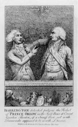 Barrington Detected Picking the Pocket of Prince Orlow in the Front Boxes at Covent Garden Theatre, of a Snuff Box Set with Diamonds Supposed to be Worth 30,000 Pounds, pub. in 1790 (engraving) (b&w photo) | Obraz na stenu