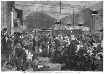 Interior of the Paris post office during the first week of January, the postmen room, engraved by Fortune Louis Meaulle (1844-1901) (litho) (b/w photo) | Obraz na stenu