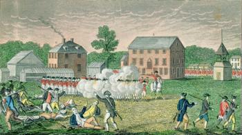 The Battle of Lexington, April 19th 1775, from 'Connecticut Historical Collections', by John Warner Barber, engraved by A. Doolittle, 1832 (coloured engraving) | Obraz na stenu