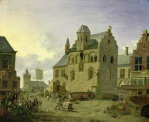 Town square with figures and peasants trading in a market place (panel) | Obraz na stenu