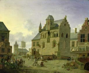 Town square with figures and peasants trading in a market place (panel) | Obraz na stenu