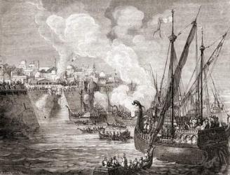 The siege of Constantinople in 1453 by Ottoman Sultan Mehmed II, from Les Merveilles de la Science, published c.1870 (engraving) | Obraz na stenu