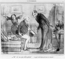 'Oh heaven, my most beautiful vase.... my most valuable possession in this world', cartoon from 'La Potichomanie' series in 'le Charivari', 20 January, 1855 (litho) | Obraz na stenu