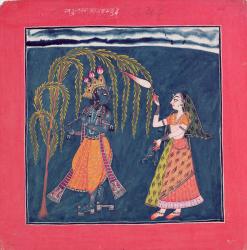 Krishna playing a flute, from the 'Vahula Raga', Basohli, c.1710 (w/c on paper) | Obraz na stenu