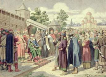 Reading of the Code in the Presence of Grand Duke Jaroslav of Novgorod, 1880 (w/c on canvas) | Obraz na stenu
