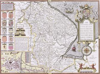 The Countie and Citie of Lyncolne, engraved by Jodocus Hondius (1563-1612) from John Speed's 'Theatre of the Empire of Great Britain', pub. by John Sudbury and George Humble, 1611-12 (hand coloured copper engraving) | Obraz na stenu