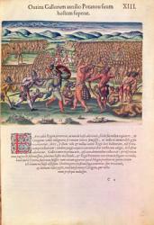 The French Help the Indians in Battle, from 'Brevis Narratio..', engraved by Theodore de Bry (1528-98) published in Frankfurt, 1591 (coloured engraving) (see also 111679) | Obraz na stenu
