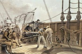 Splicing the Trans-Atlantic telegraph cable (after the first accident) on board the 'Great Eastern', 25th July 1865, pub. by Lay and Son, c.1868 (litho) | Obraz na stenu