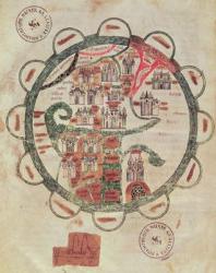 Ms 782 f.374v World map with Jerusalem in the centre, from 'Chroniques de St. Denis', c.1275 (vellum) | Obraz na stenu