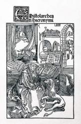 St. Jerome in his study pulling a thorn from a lion's paw, frontispiece to a collection of St. Jerome's letters, pub. 1492 (woodcut) | Obraz na stenu