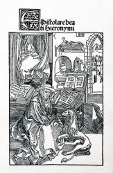 St. Jerome in his study pulling a thorn from a lion's paw, frontispiece to a collection of St. Jerome's letters, pub. 1492 (woodcut) | Obraz na stenu