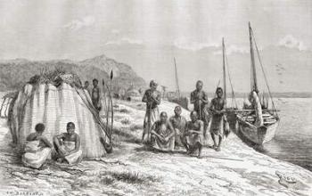 Congolese tribesmen by their boats on the Congo River in the 19th century, from 'Africa Pintoresca', published 1888 (engraving) | Obraz na stenu