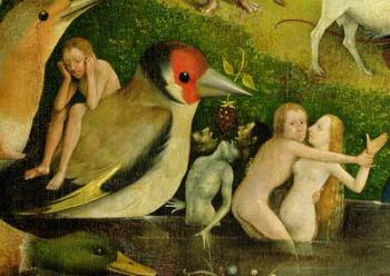 The Garden of Earthly Delights: Allegory of Luxury, central panel of triptych, detail of couple in the water and a bird, c.1500 (oil on panel) (detail of 420) | Obraz na stenu
