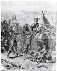 Battle of Bosworth Field: Lord Stanley bringing the Crown of Richard III (1452-1485) to Richmond, 22nd August 1485 (engraving) (b&w photo) | Obraz na stenu