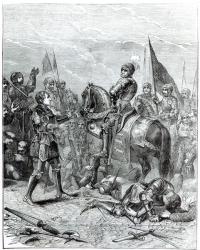 Battle of Bosworth Field: Lord Stanley bringing the Crown of Richard III (1452-1485) to Richmond, 22nd August 1485 (engraving) (b&w photo) | Obraz na stenu